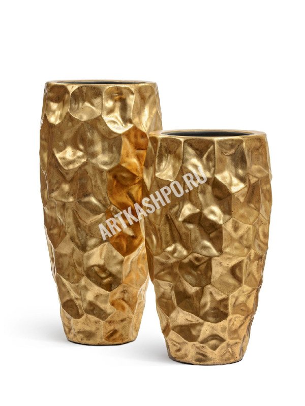 Кашпо TREEZ Effectory Metal Высокий округлый конус Design Сrumple сусальное золото 