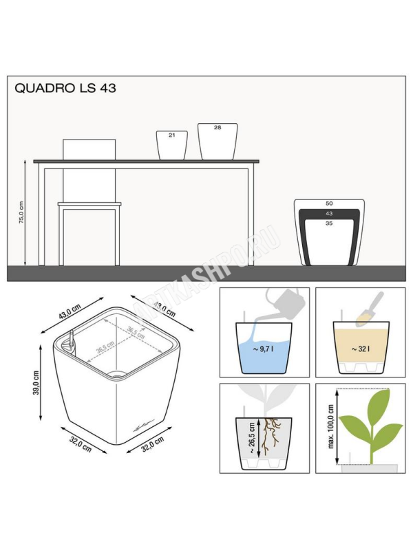Кашпо Lechuza Quadro LS Premium эспрессо металлик 43