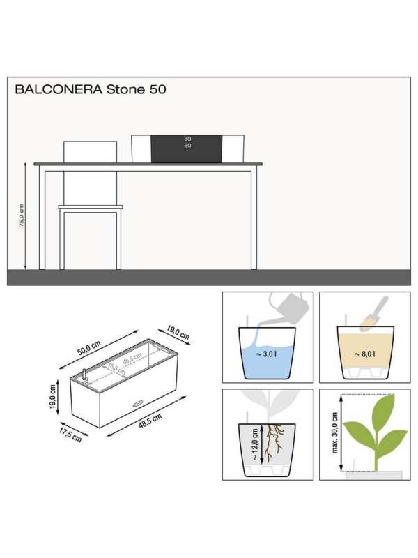 Кашпо Lechuza Balconera Stone чёрный графит 50