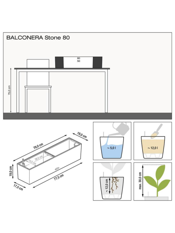 Кашпо Lechuza Balconera Stone чёрный графит 80