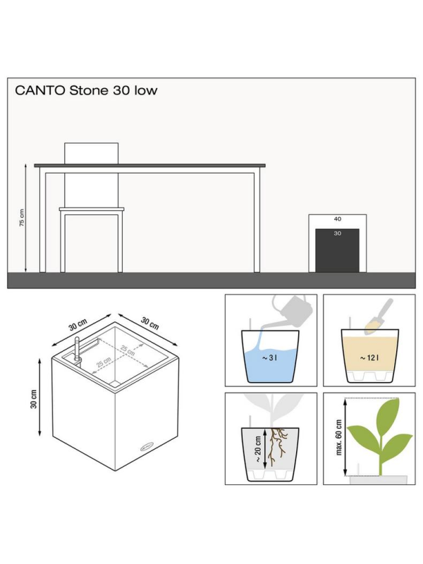 Кашпо Lechuza Canto Stone low чёрный графит 30