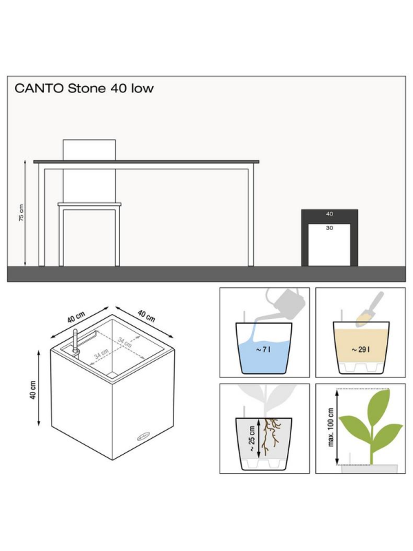 Кашпо Lechuza Canto Stone low чёрный графит 40