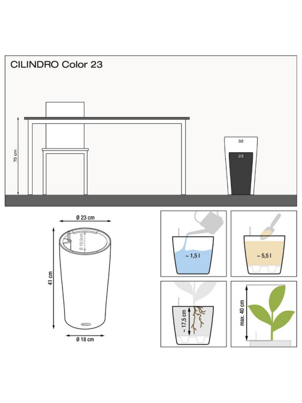 Кашпо Lechuza Cilindro Color сланец 23 Кашпо Lechuza Cilindro Color сланец 23