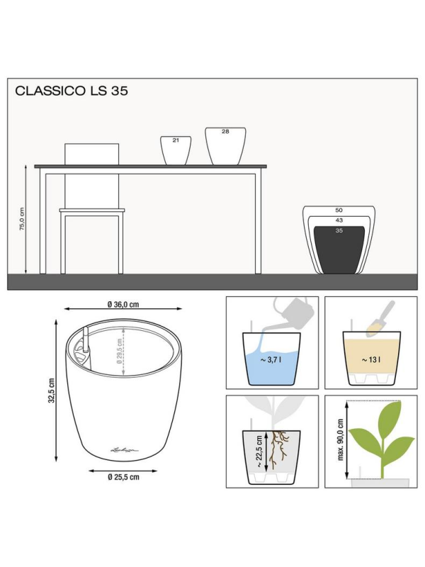 Кашпо Lechuza Classico LS Premium чёрное глянцевое 35