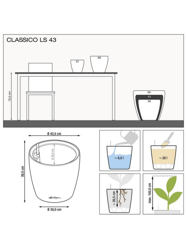 Кашпо Lechuza Classico LS Premium чёрное глянцевое 43