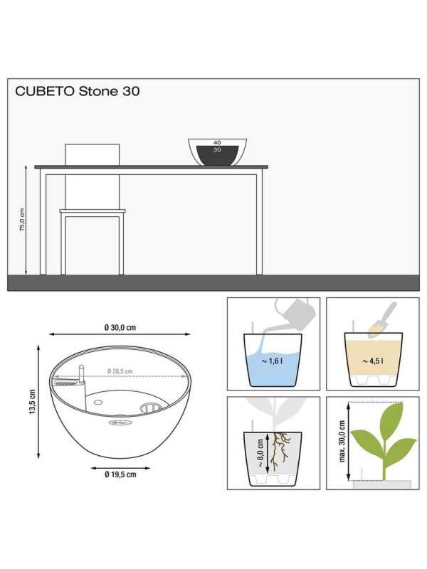 Кашпо Lechuza Cubeto Stone чёрный графит 30