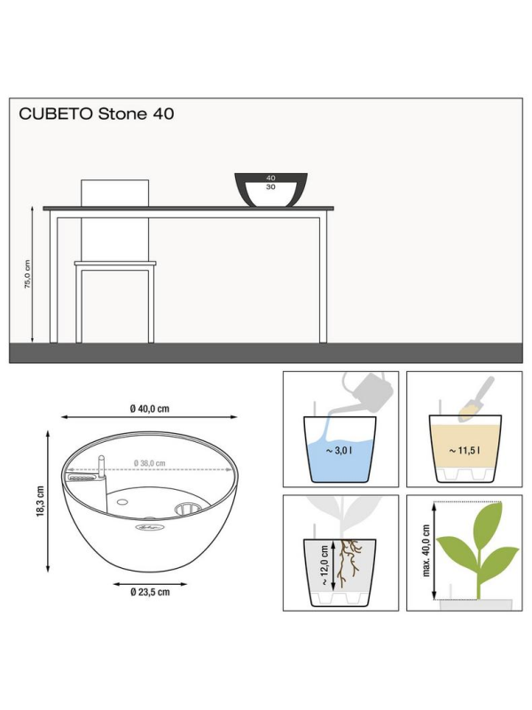 Кашпо Lechuza Cubeto Stone чёрный графит 40