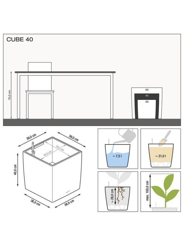 Кашпо Lechuza Cube Premium чёрное глянцевое 40