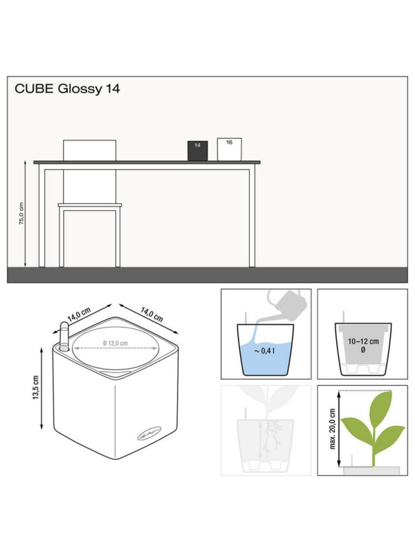 Кашпо Lechuza Cube Glossy антрацит глянцевое 14