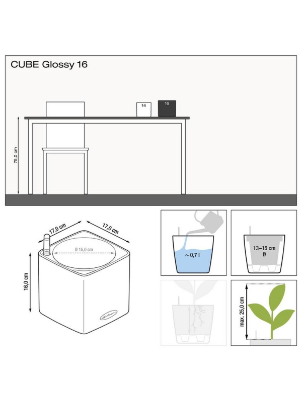 Кашпо Lechuza Cube Glossy антрацит глянцевое 16