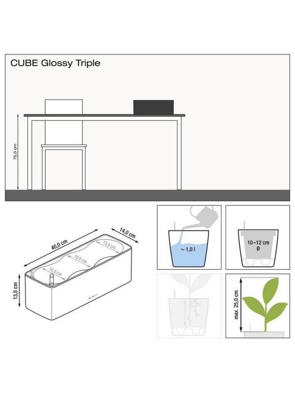 Кашпо Lechuza Cube Glossy Triple антрацит глянцевое