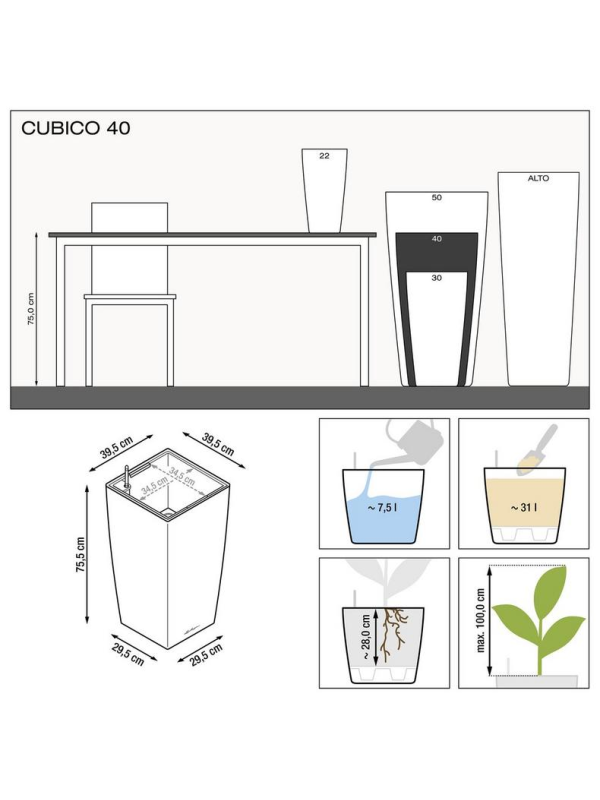 Кашпо Lechuza Cubico Premium чёрное глянцевое 40