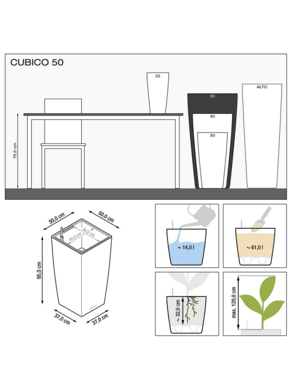 Кашпо Lechuza Cubico Premium антрацит металлик 50