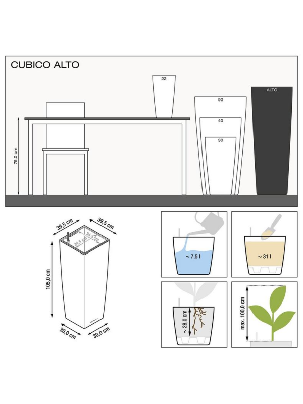 Кашпо Lechuza Cubico Alto Premium чёрное глянцевое