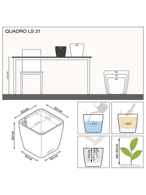 Кашпо Lechuza Quadro LS Premium чёрное глянцевое 21