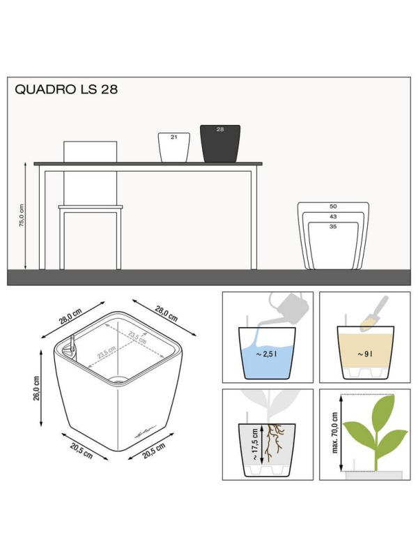 Кашпо Lechuza Quadro LS Premium чёрное глянцевое 28